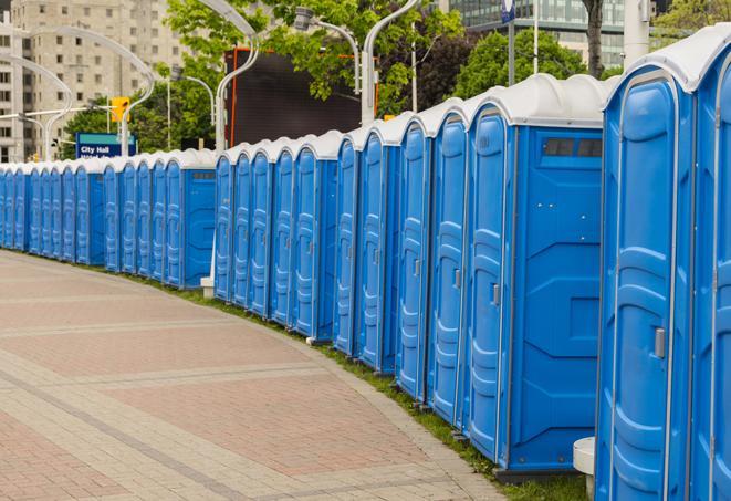 a line of portable restrooms at an outdoor wedding, catering to guests with style and comfort in Athens, IL